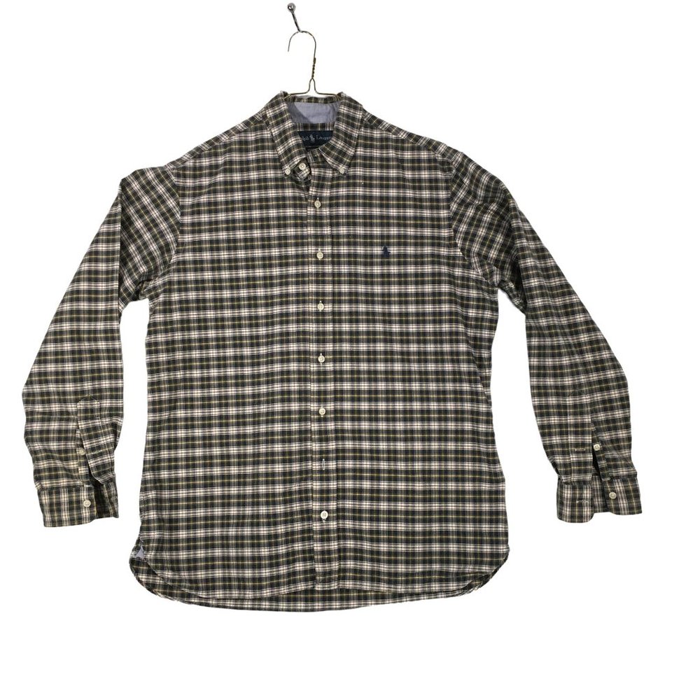 Ralph Lauren Mens Blue White Green Plaid Long Sleeve Button Front Shirt, L